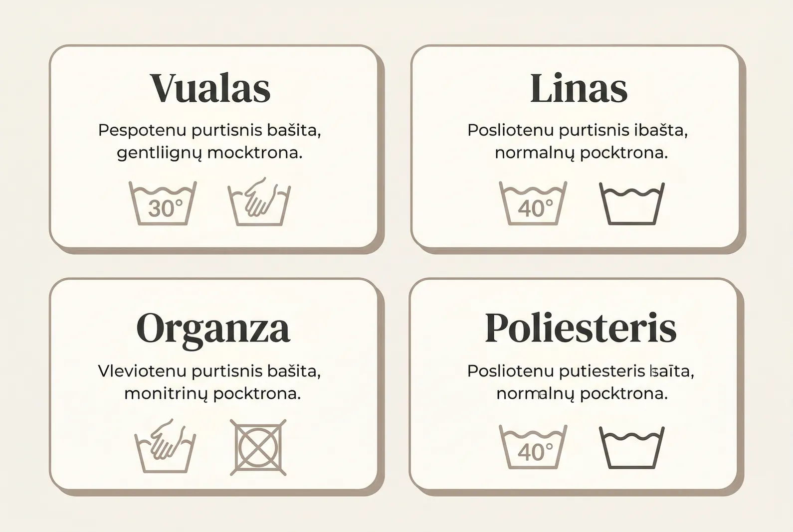 Dieninių užuolaidų audinių skalbimo instrukcija — vualas, linas, organza, poliesteris