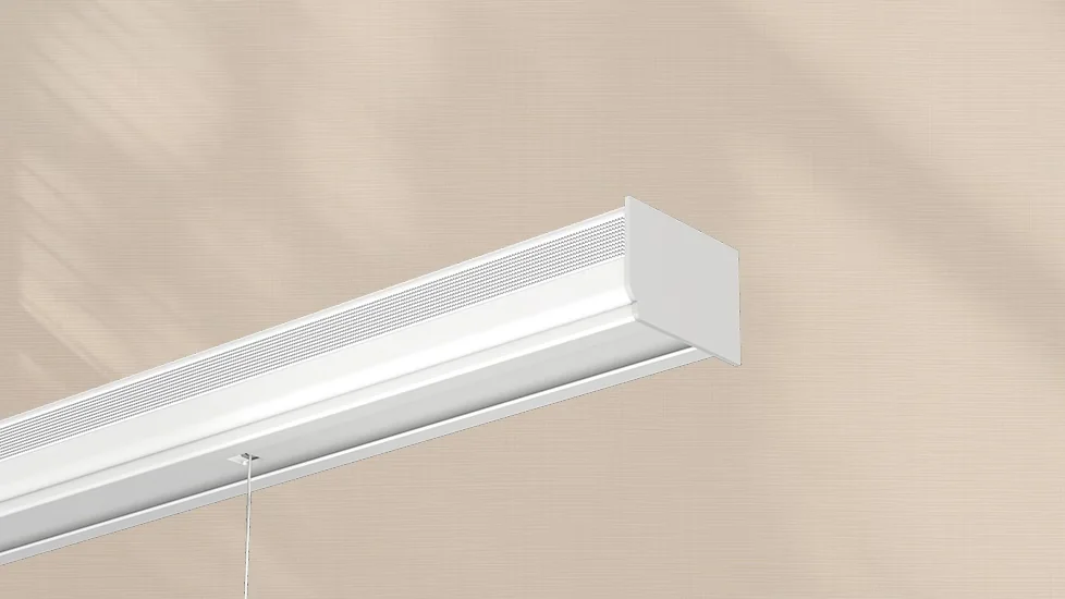 Vako 20/21 Open L shape roman blind system: a white rectangular headrail with a ribbed top and a white end cap, one thin cord hanging from underneath